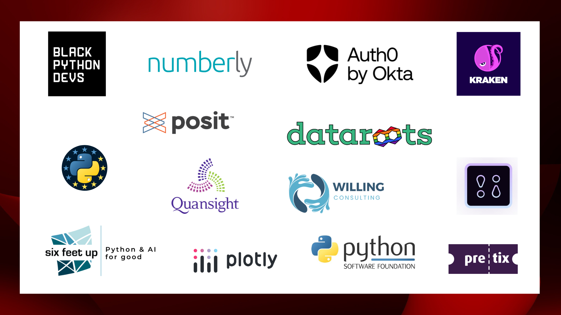 Logos of previous sponsors for the PyLadies conference PyLadiesCon sponsors in 2023 and 2024